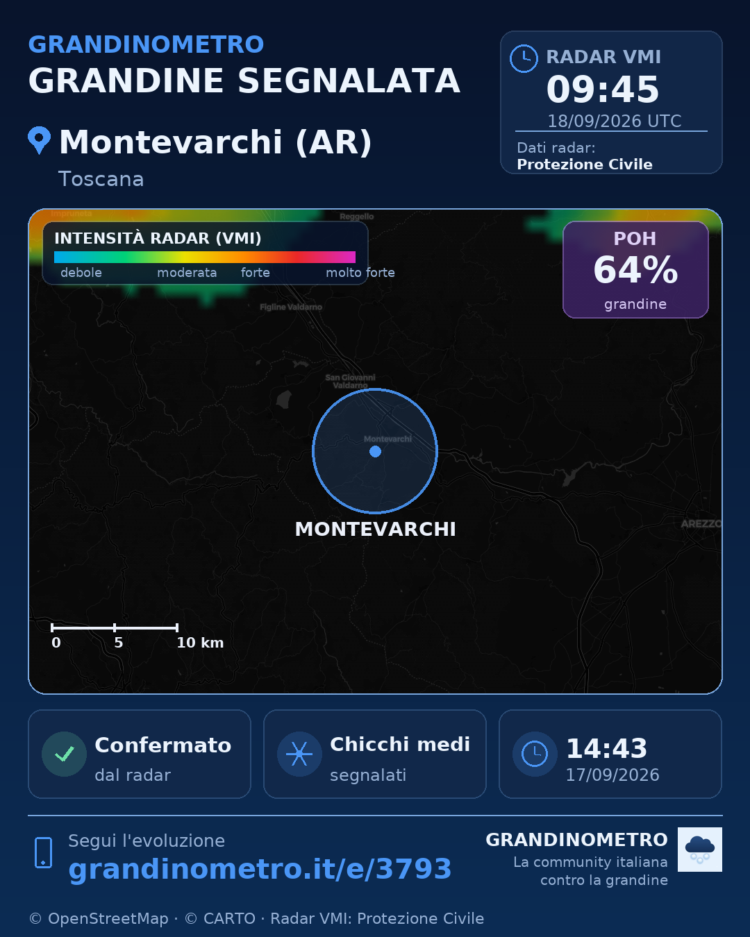 Mappa dell'evento: grandine a Montevarchi (AR)