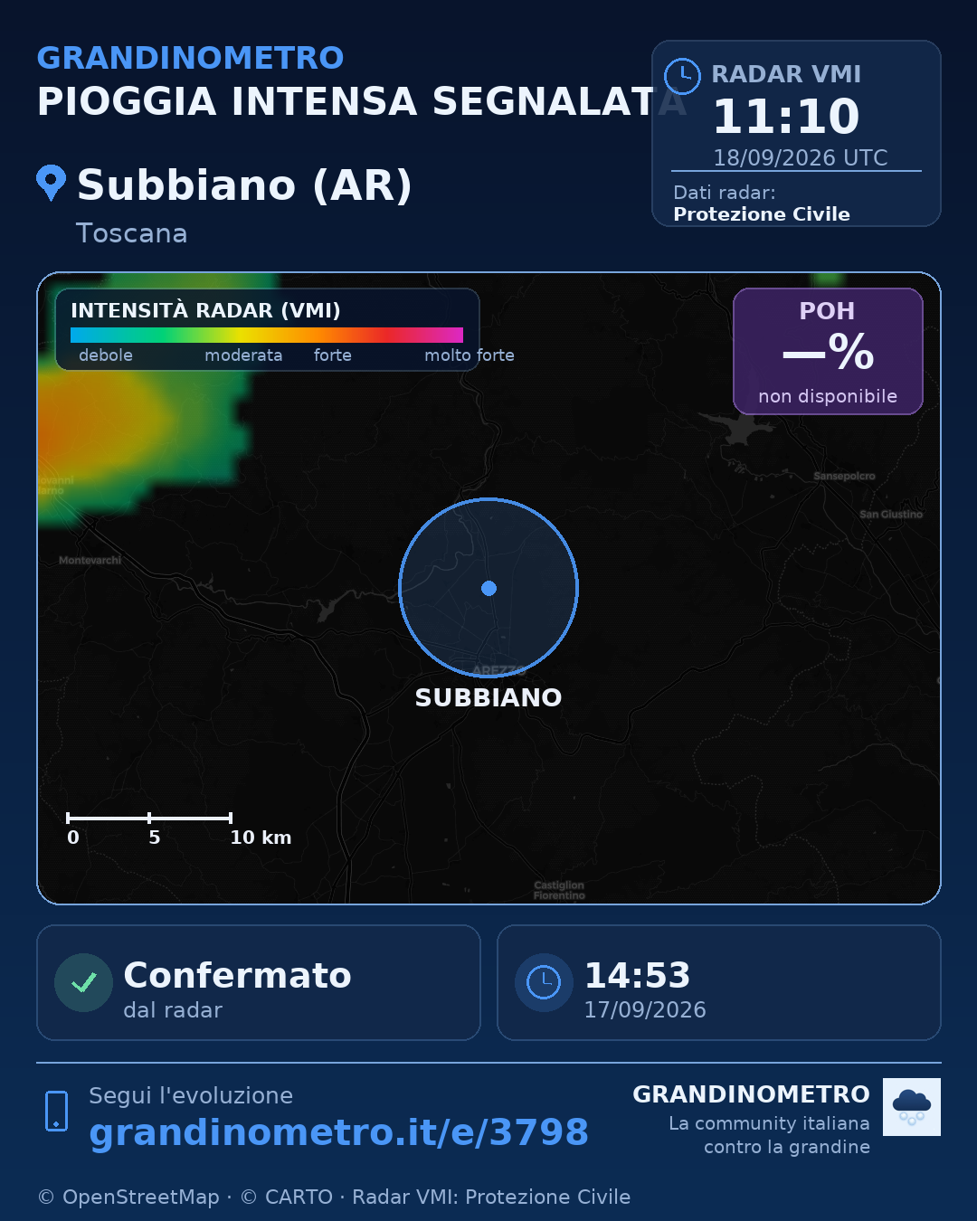 Mappa dell'evento: pioggia intensa a Subbiano (AR)