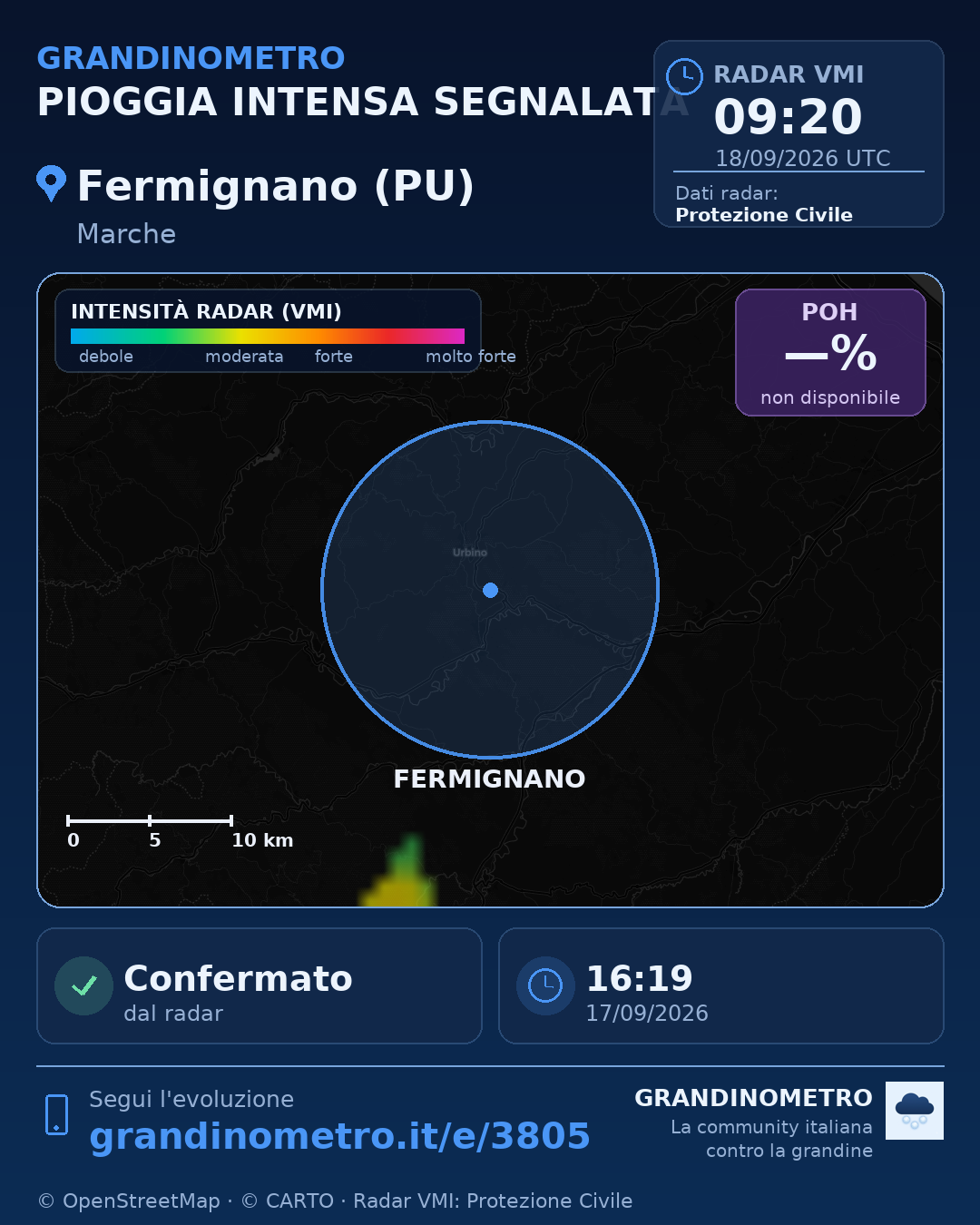 Mappa dell'evento: pioggia intensa a Fermignano (PU)