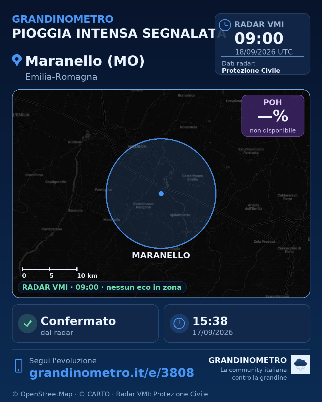 Mappa dell'evento: pioggia intensa a Maranello (MO)