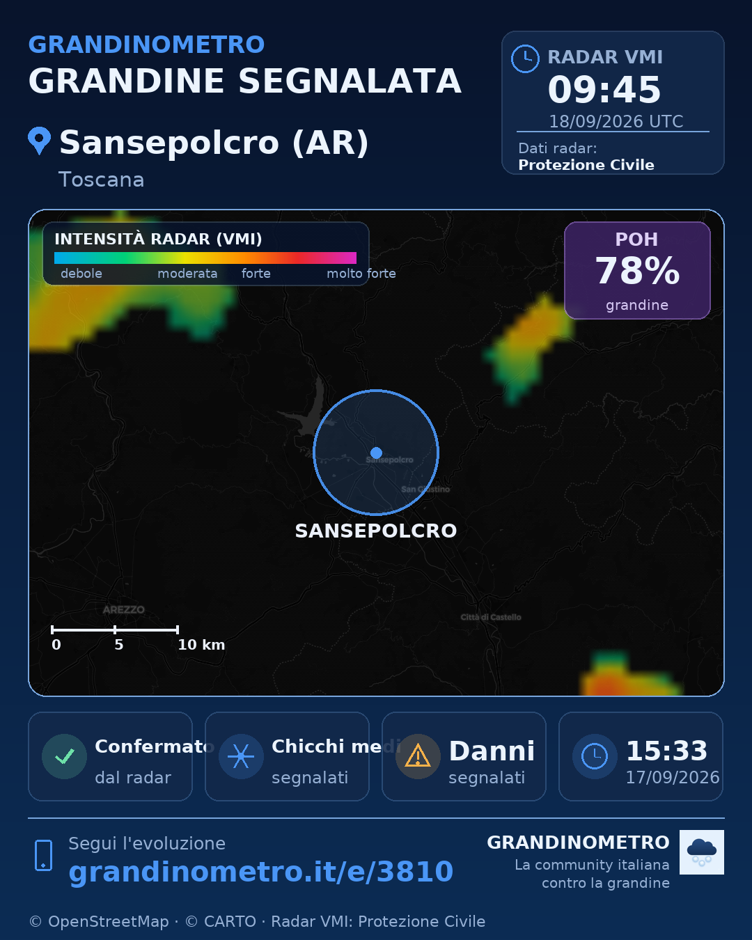 Mappa dell'evento: grandine a Sansepolcro (AR)