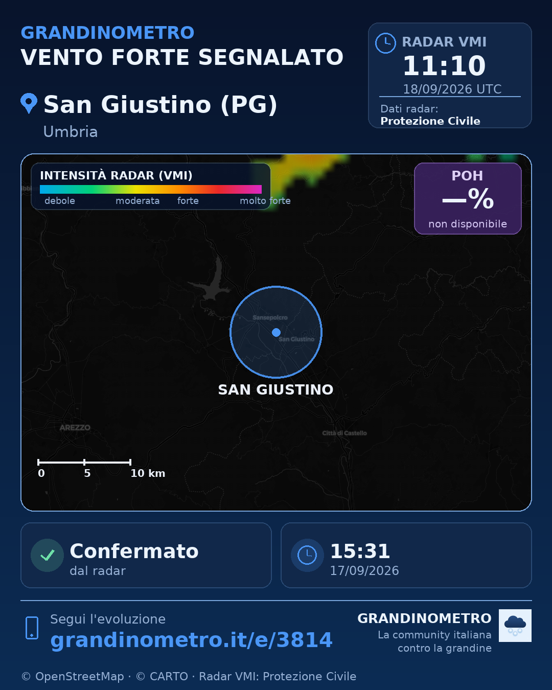 Mappa dell'evento: vento forte a San Giustino (PG)