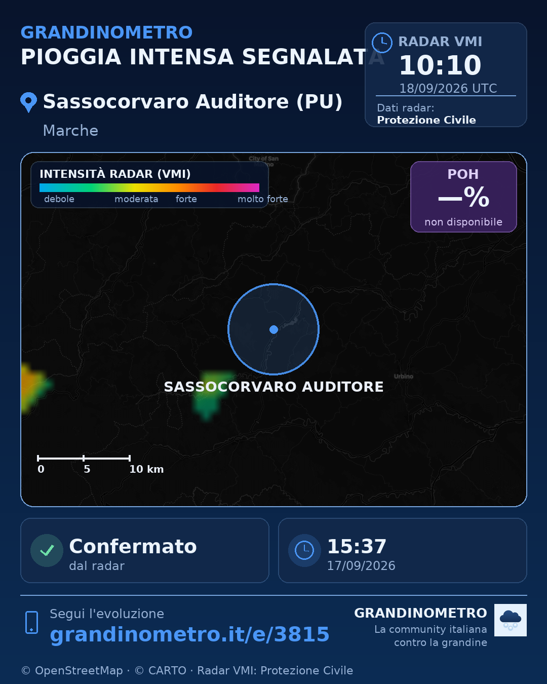 Mappa dell'evento: pioggia intensa a Sassocorvaro Auditore (PU)