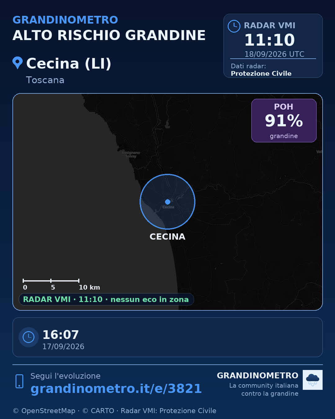 Mappa dell'evento: grandine a Cecina (LI)