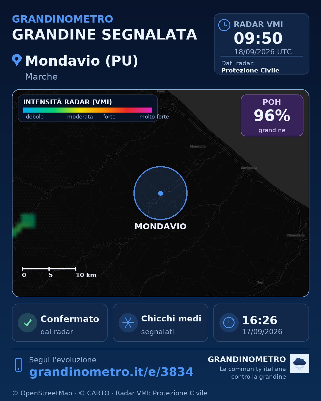Mappa dell'evento: grandine a Mondavio (PU)