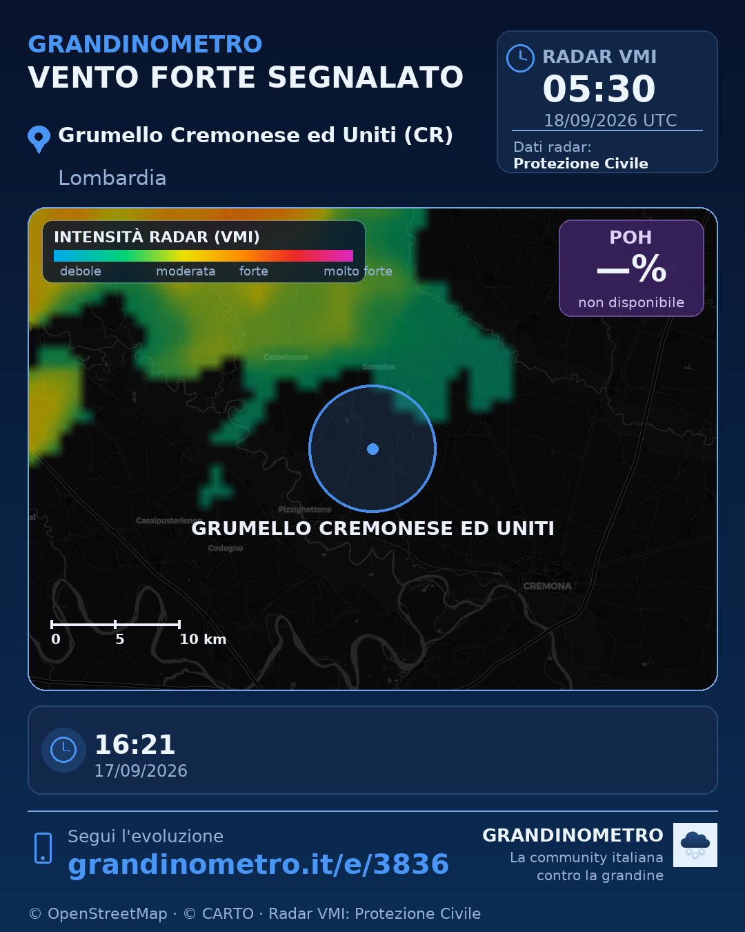 Mappa dell'evento: vento forte a Grumello Cremonese ed Uniti (CR)