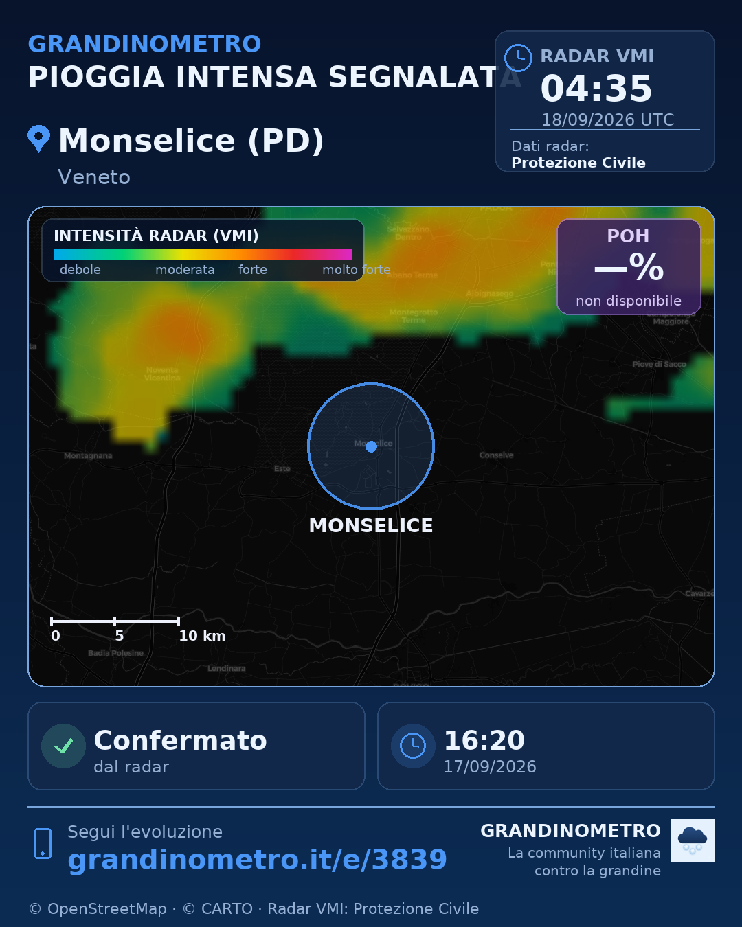 Mappa dell'evento: pioggia intensa a Monselice (PD)