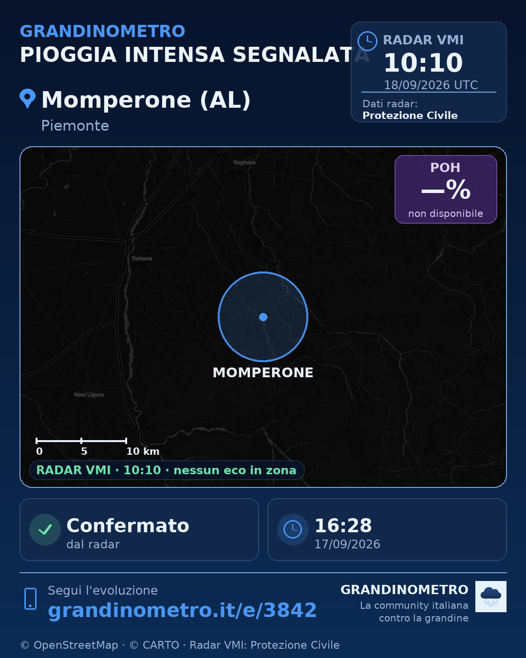 Mappa dell'evento: pioggia intensa a Momperone (AL)