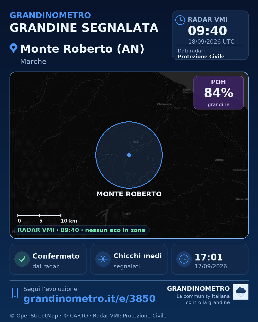 Mappa dell'evento: grandine a Monte Roberto (AN)