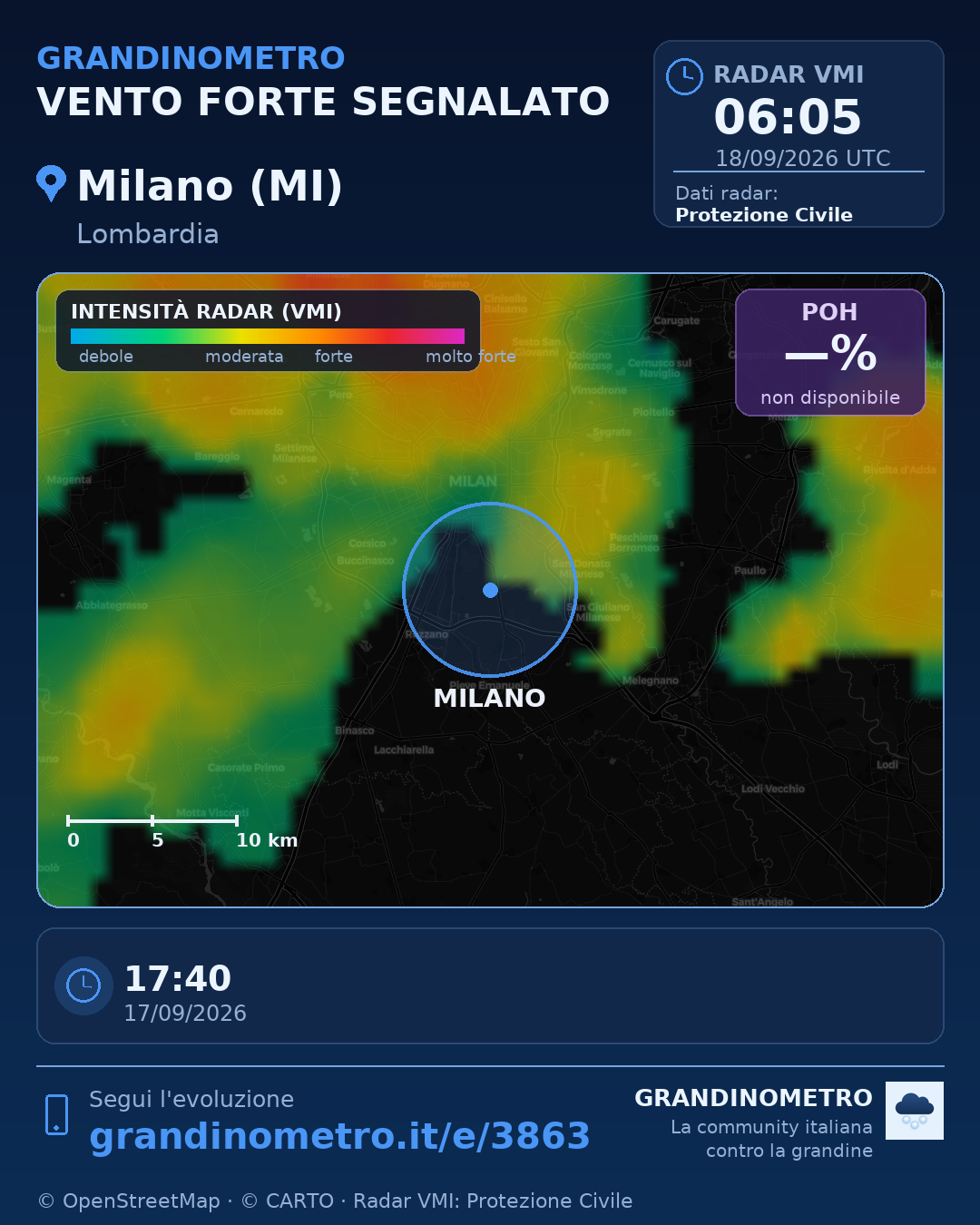 Mappa dell'evento: vento forte a Milano (MI)
