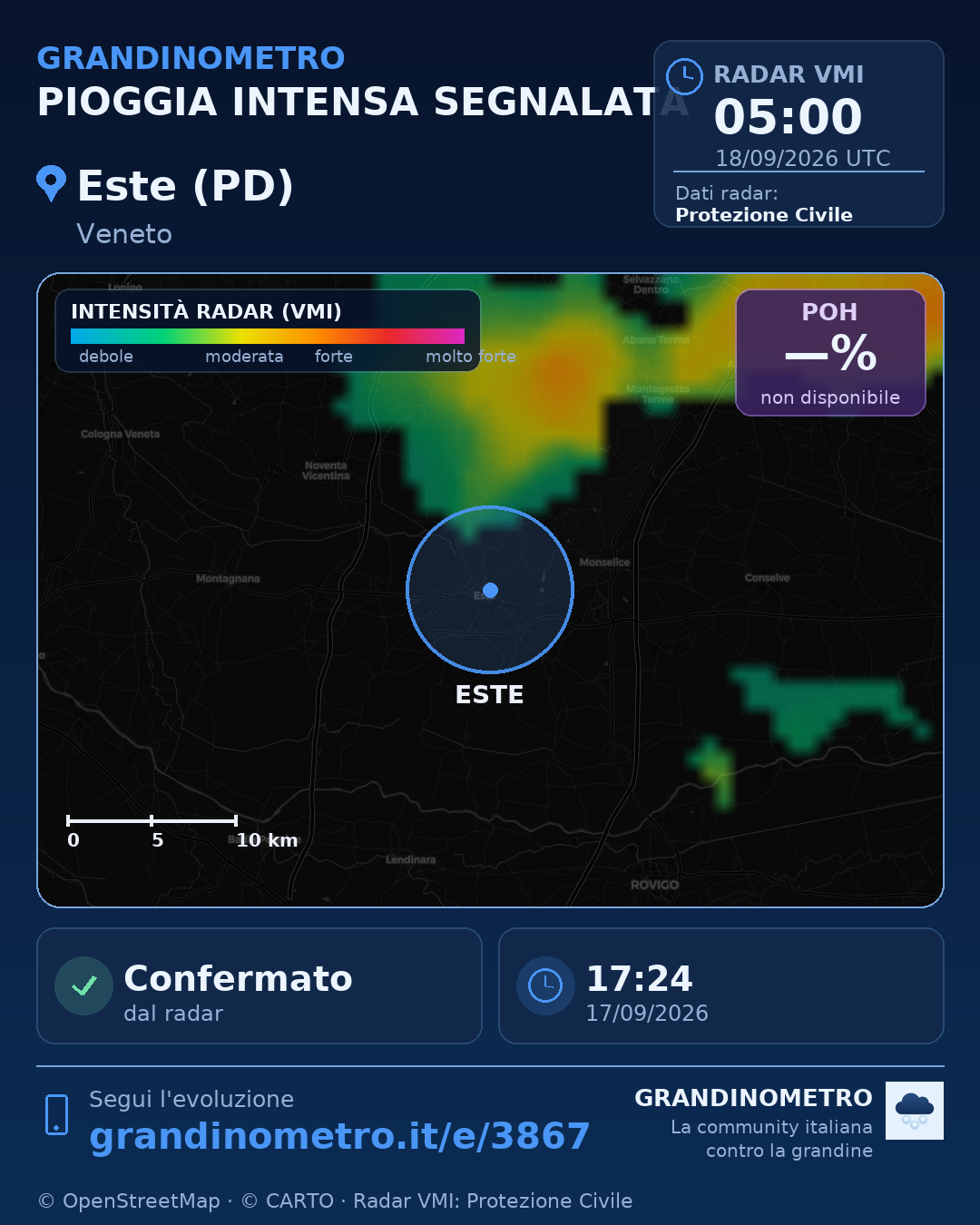 Mappa dell'evento: pioggia intensa a Este (PD)