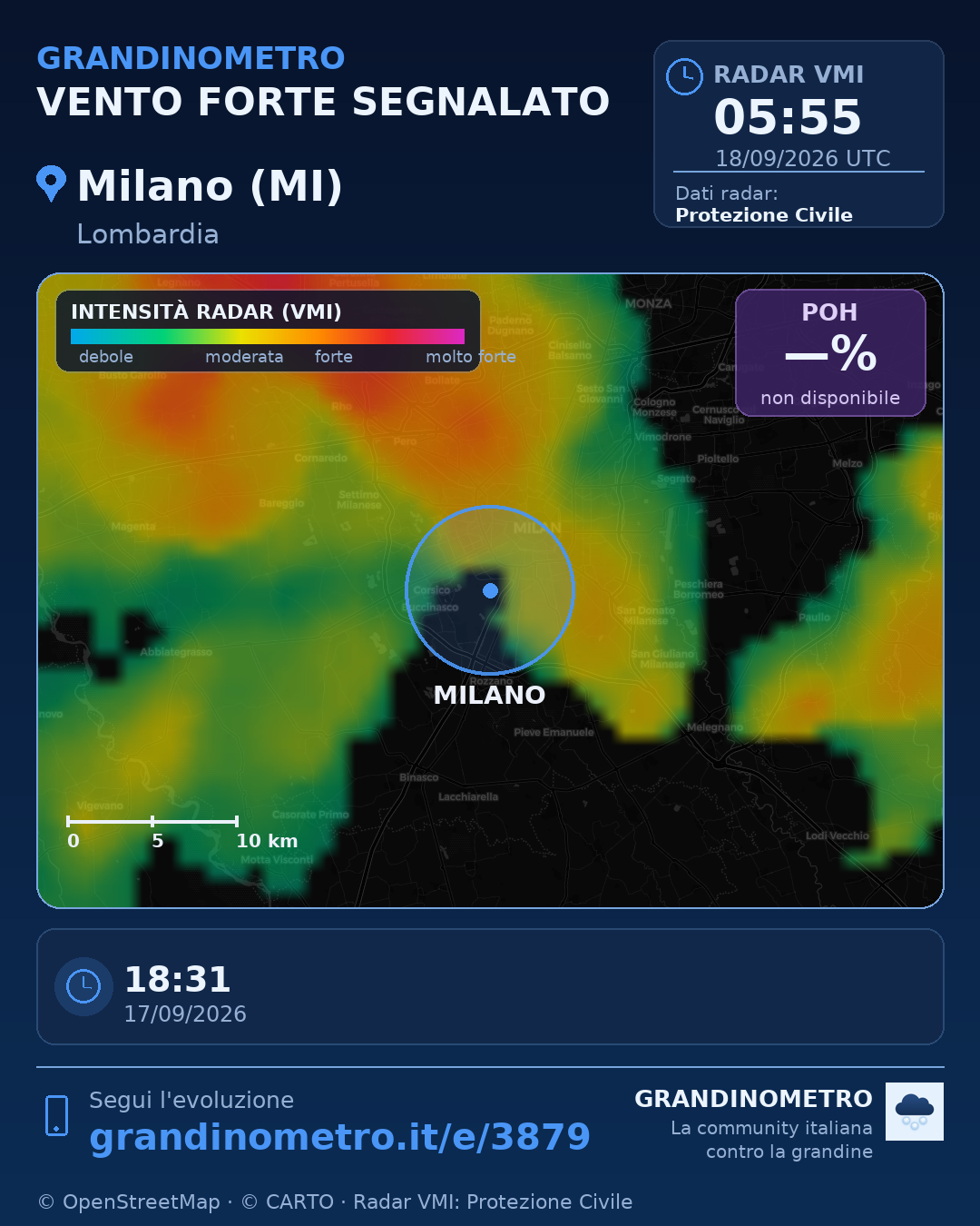 Mappa dell'evento: vento forte a Milano (MI)