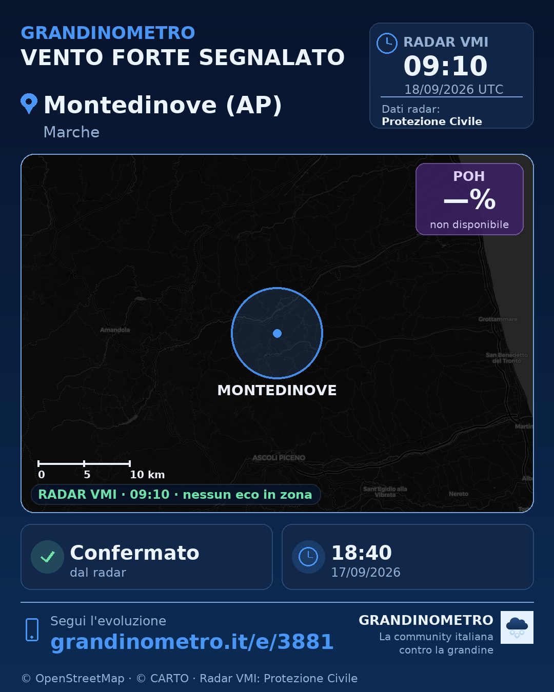 Mappa dell'evento: vento forte a Montedinove (AP)