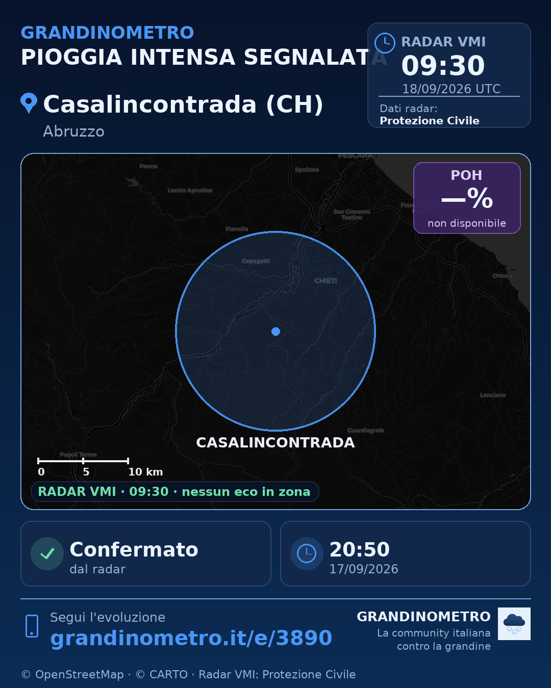 Mappa dell'evento: pioggia intensa a Casalincontrada (CH)