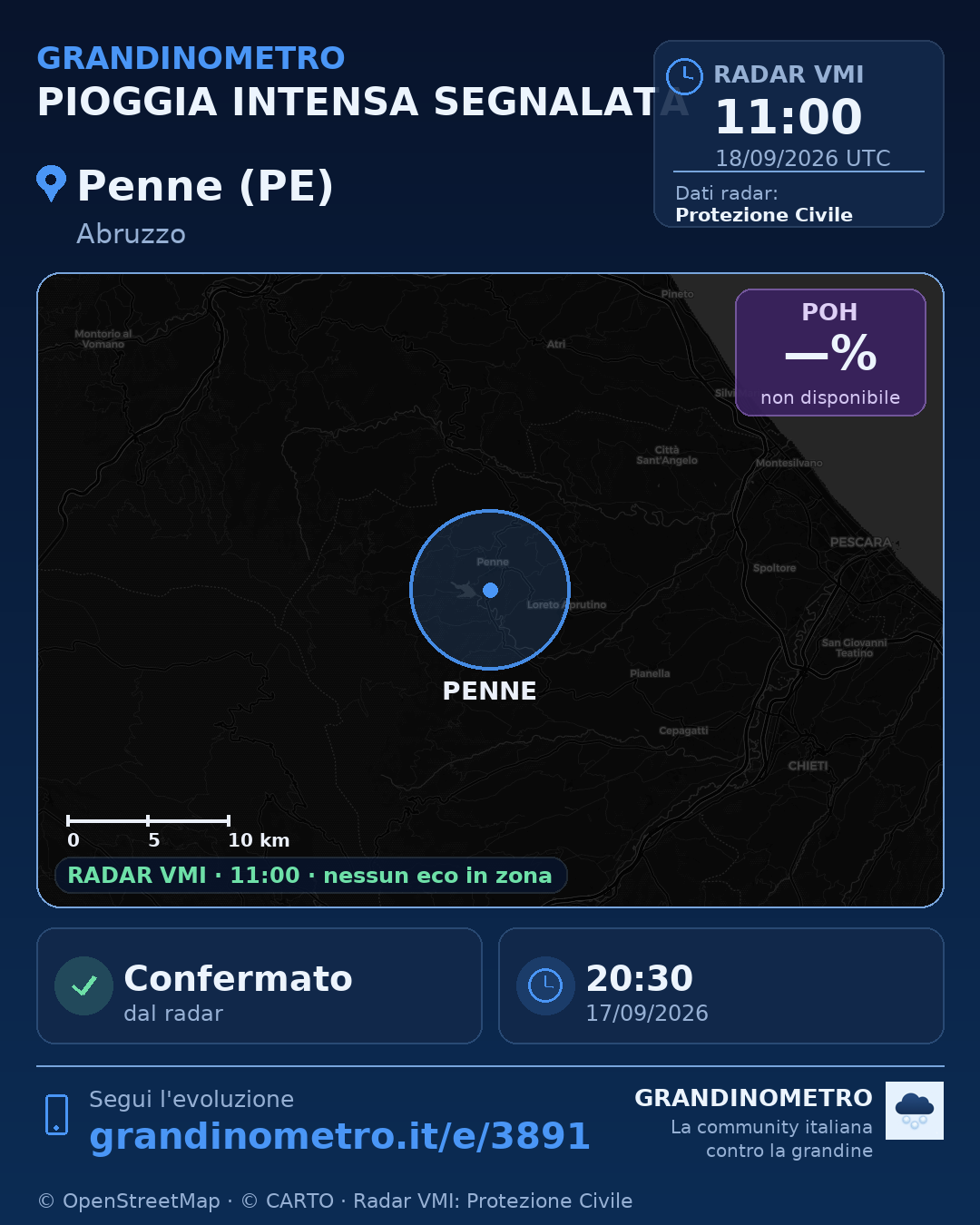 Mappa dell'evento: pioggia intensa a Penne (PE)