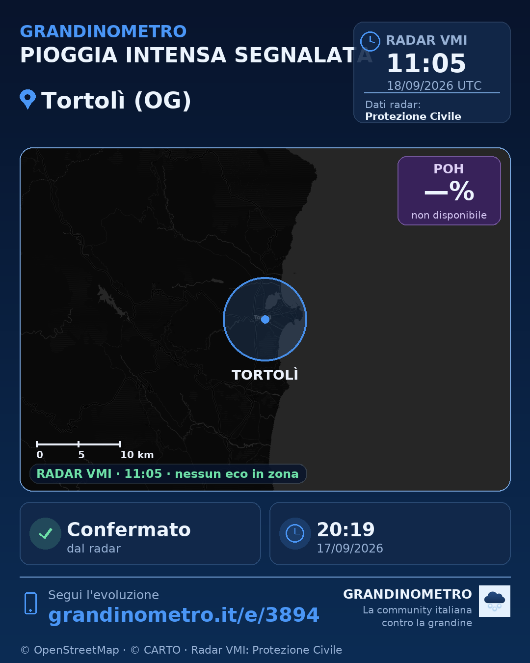 Mappa dell'evento: pioggia intensa a Tortolì (OG)