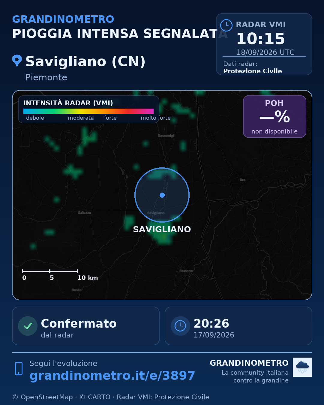 Mappa dell'evento: pioggia intensa a Savigliano (CN)