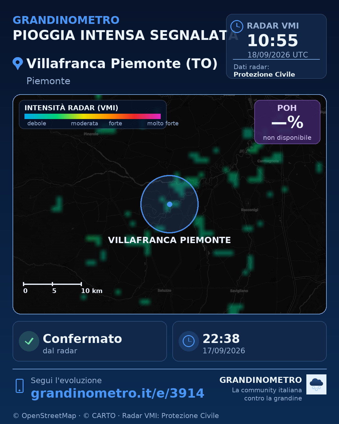 Mappa dell'evento: pioggia intensa a Villafranca Piemonte (TO)