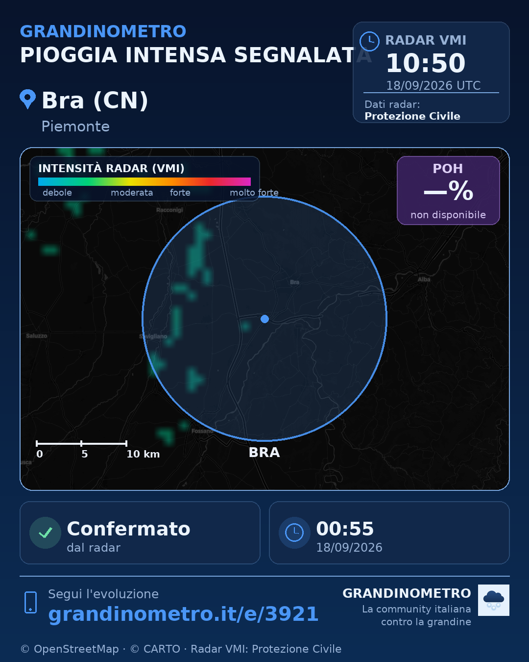 Mappa dell'evento: pioggia intensa a Bra (CN)