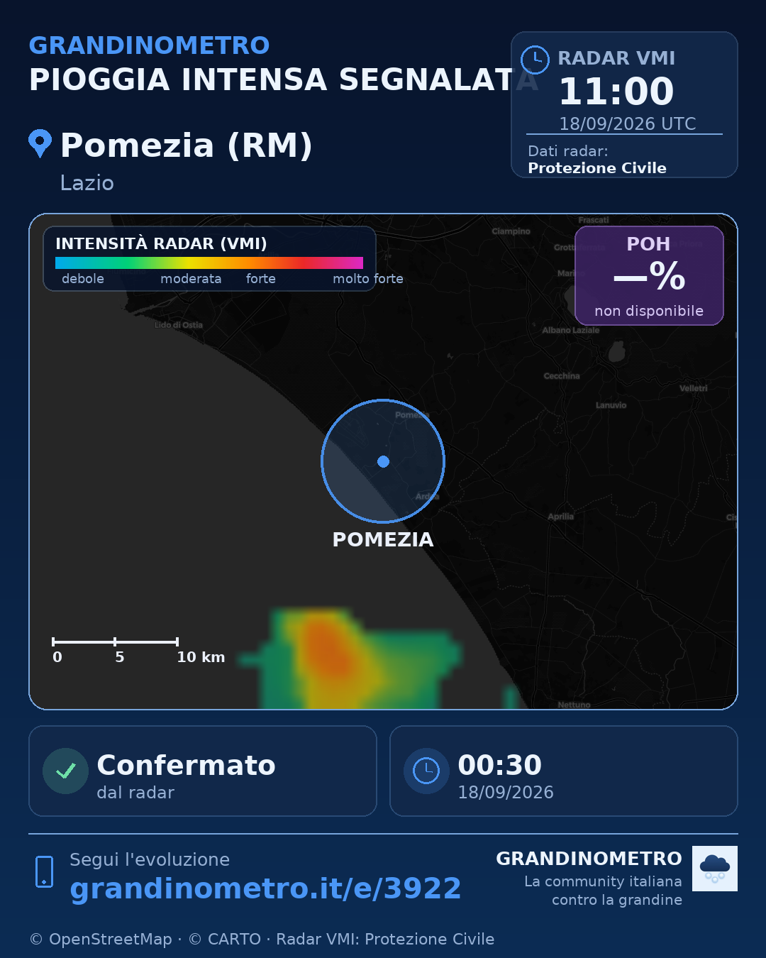 Mappa dell'evento: pioggia intensa a Pomezia (RM)