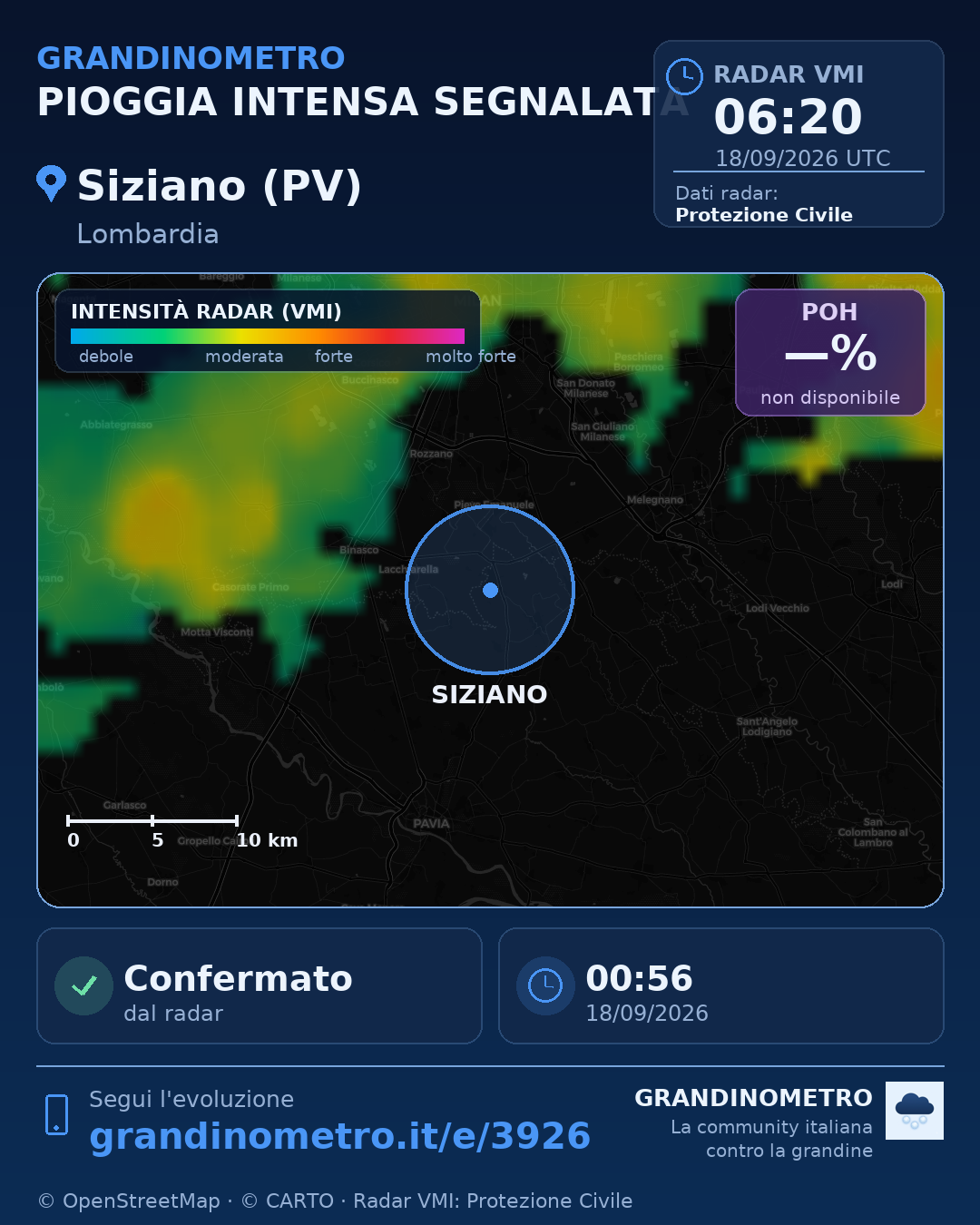 Mappa dell'evento: pioggia intensa a Siziano (PV)