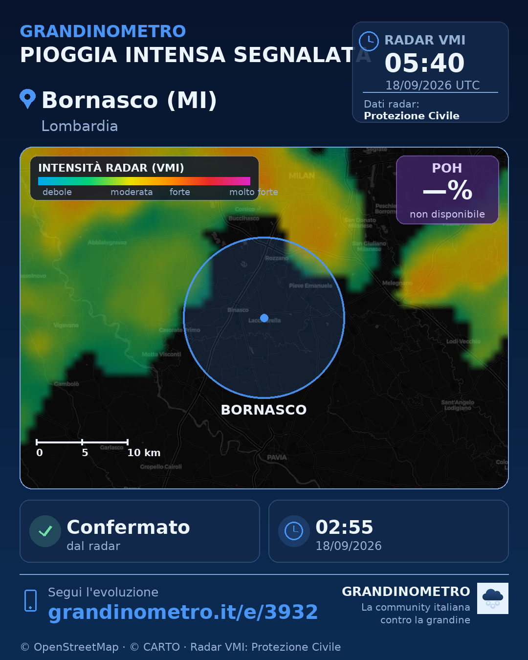 Mappa dell'evento: pioggia intensa a Bornasco (MI)