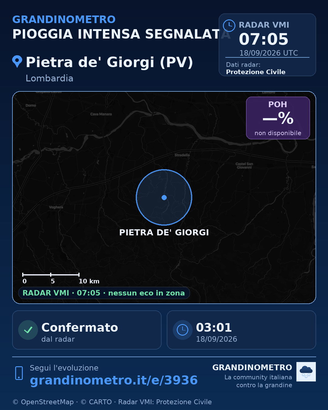 Mappa dell'evento: pioggia intensa a Pietra de' Giorgi (PV)