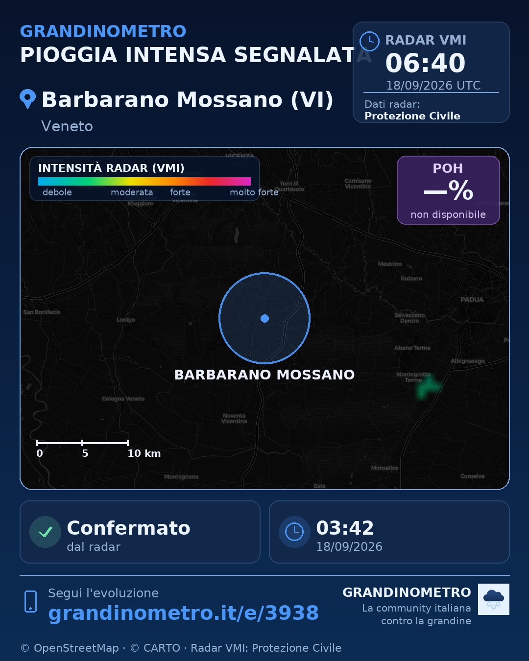 Mappa dell'evento: pioggia intensa a Barbarano Mossano (VI)