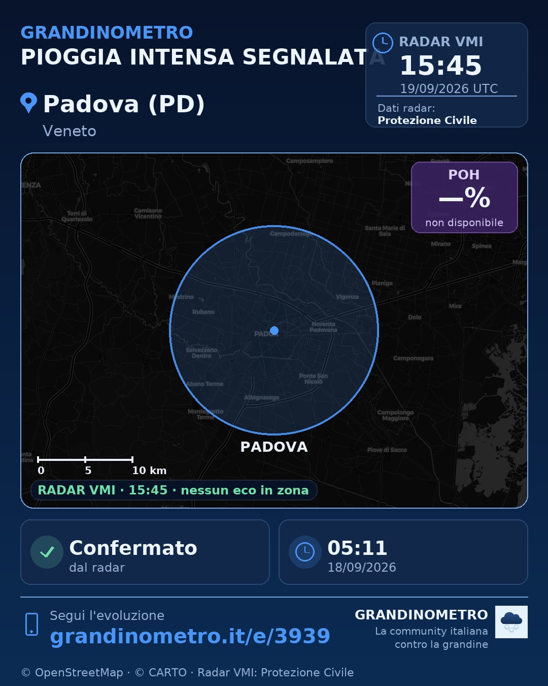 Mappa dell'evento: pioggia intensa a Padova (PD)