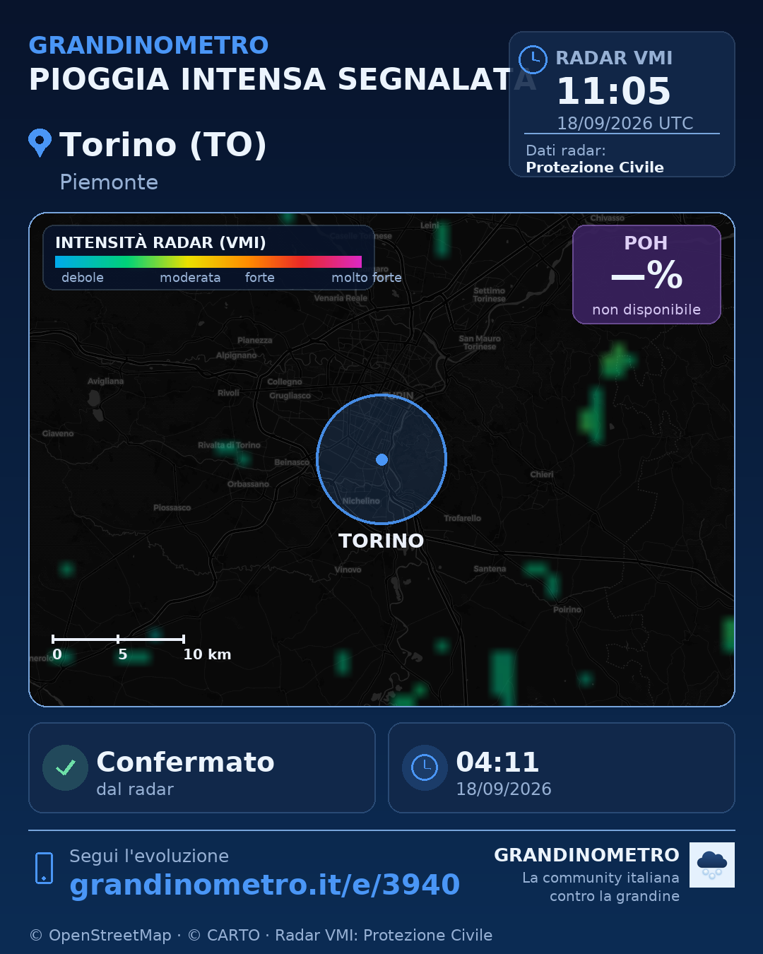 Mappa dell'evento: pioggia intensa a Torino (TO)