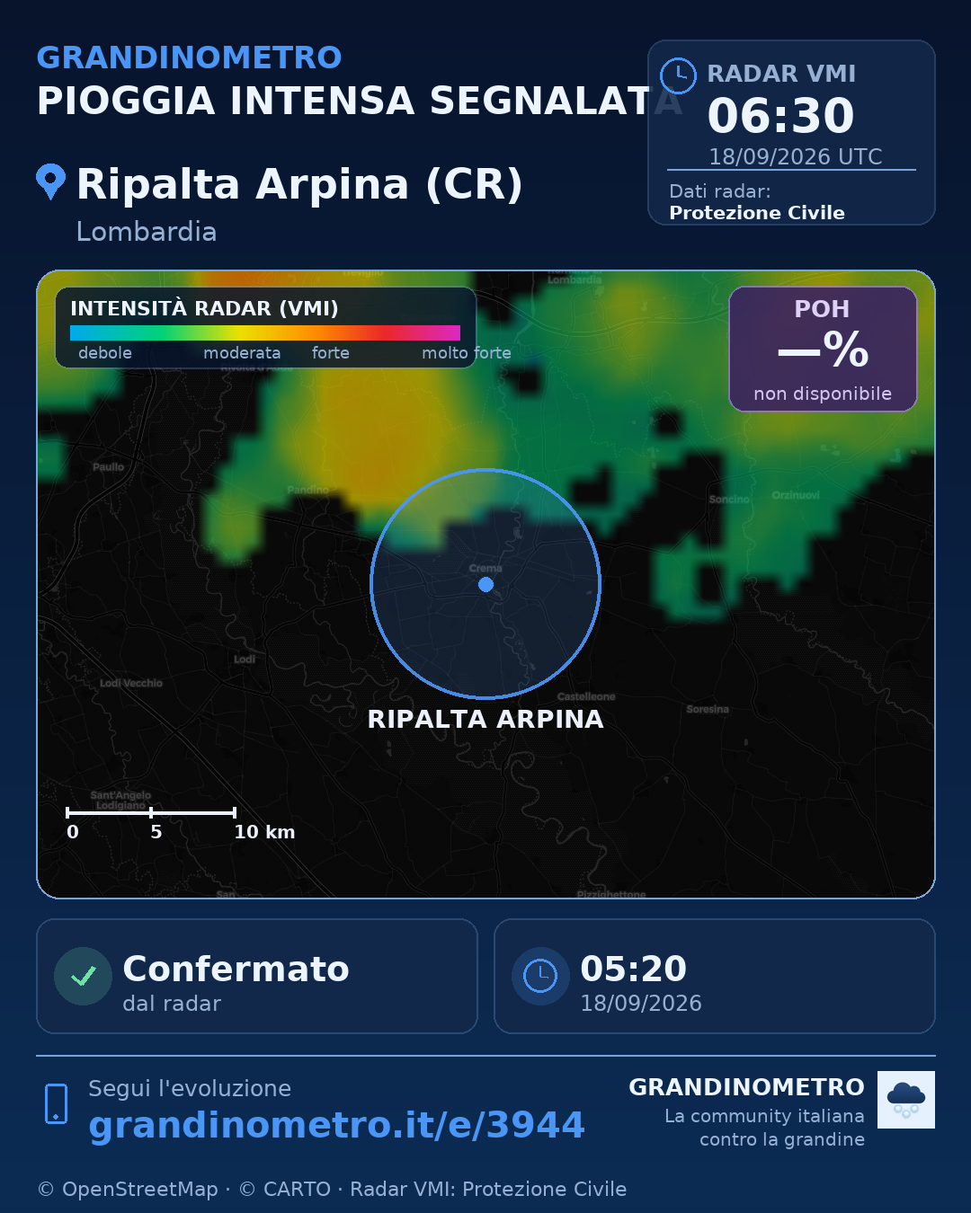 Mappa dell'evento: pioggia intensa a Ripalta Arpina (CR)