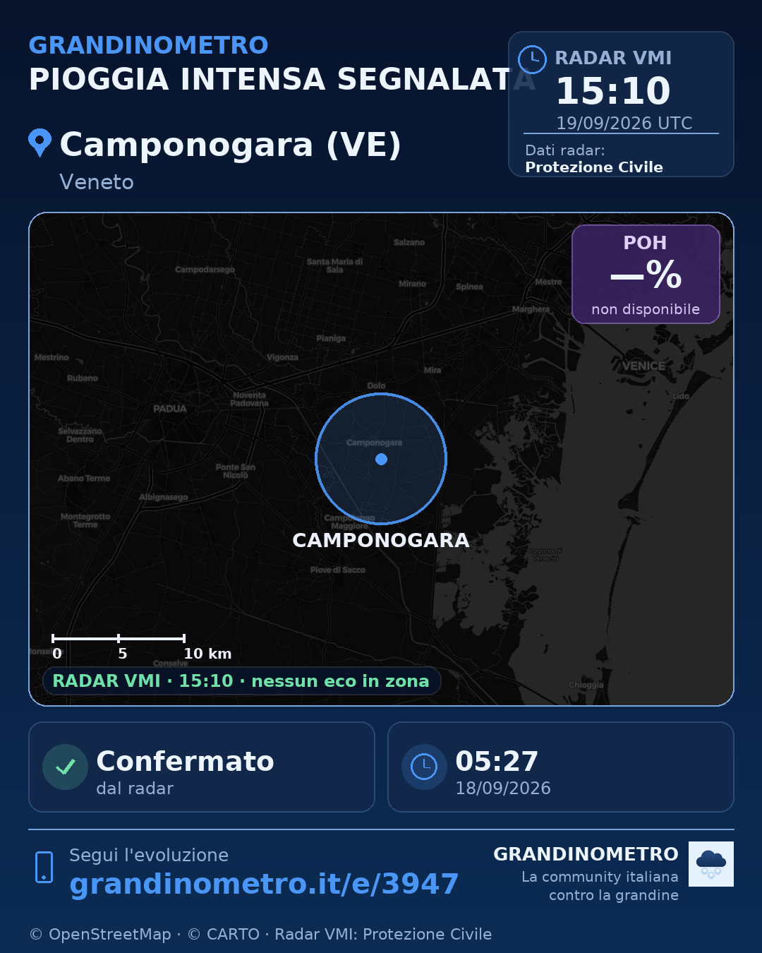 Mappa dell'evento: pioggia intensa a Camponogara (VE)