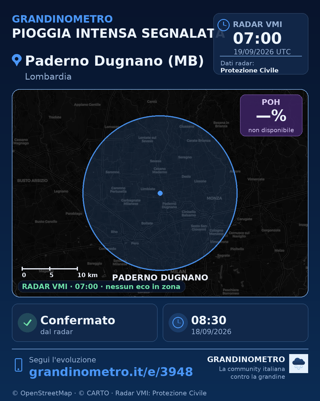 Mappa dell'evento: pioggia intensa a Paderno Dugnano (MB)