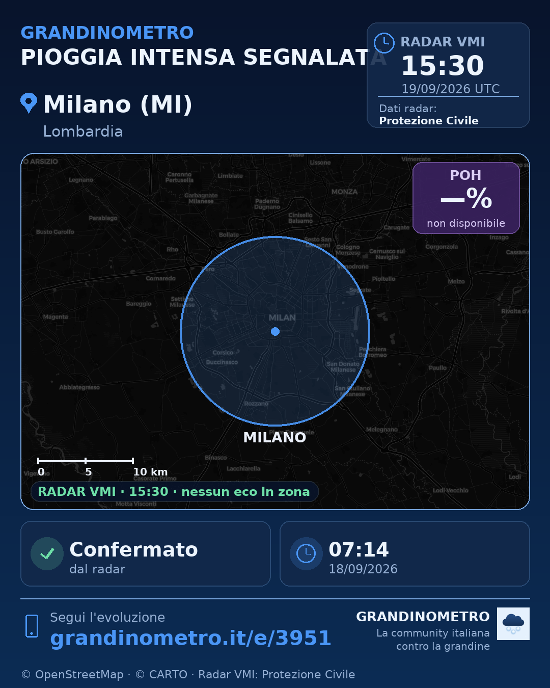 Mappa dell'evento: pioggia intensa a Milano (MI)