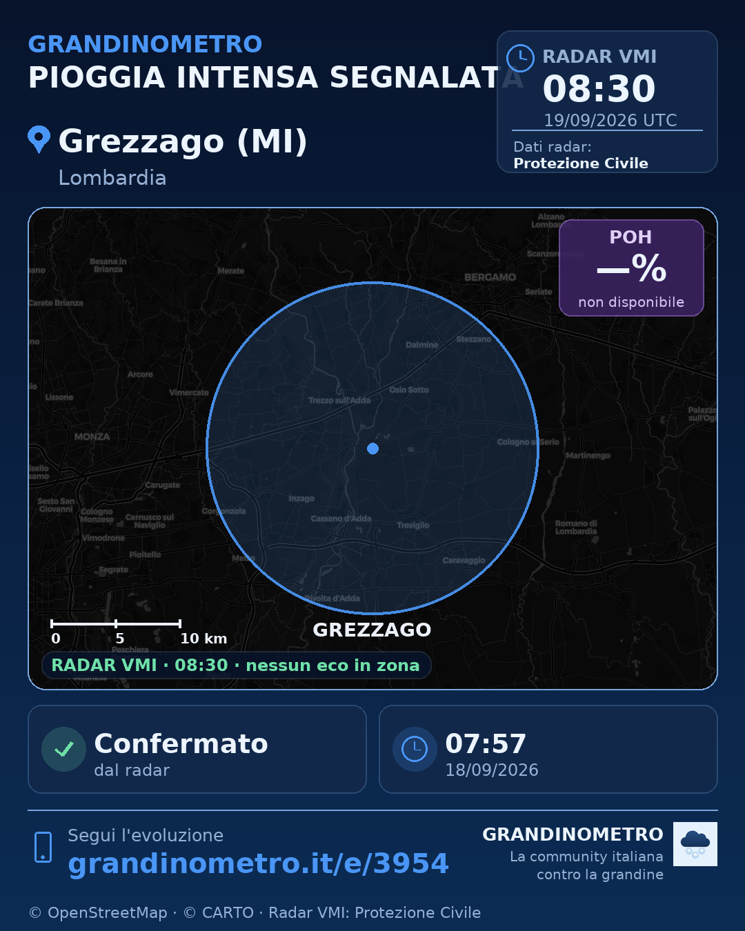 Mappa dell'evento: pioggia intensa a Grezzago (MI)