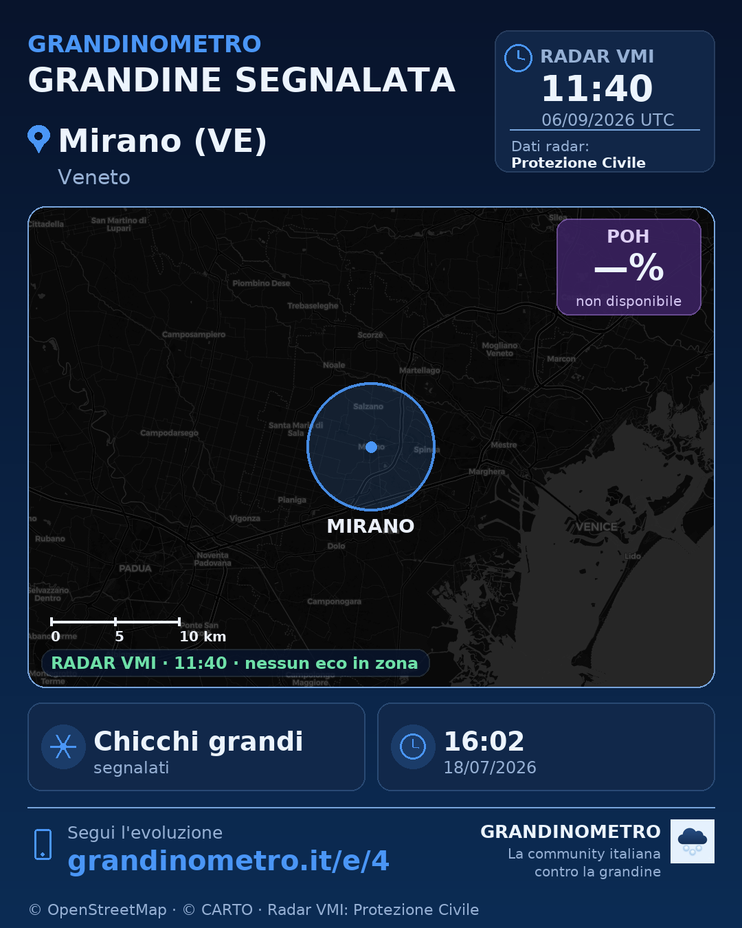 Mappa dell'evento: grandine a Mirano (VE)