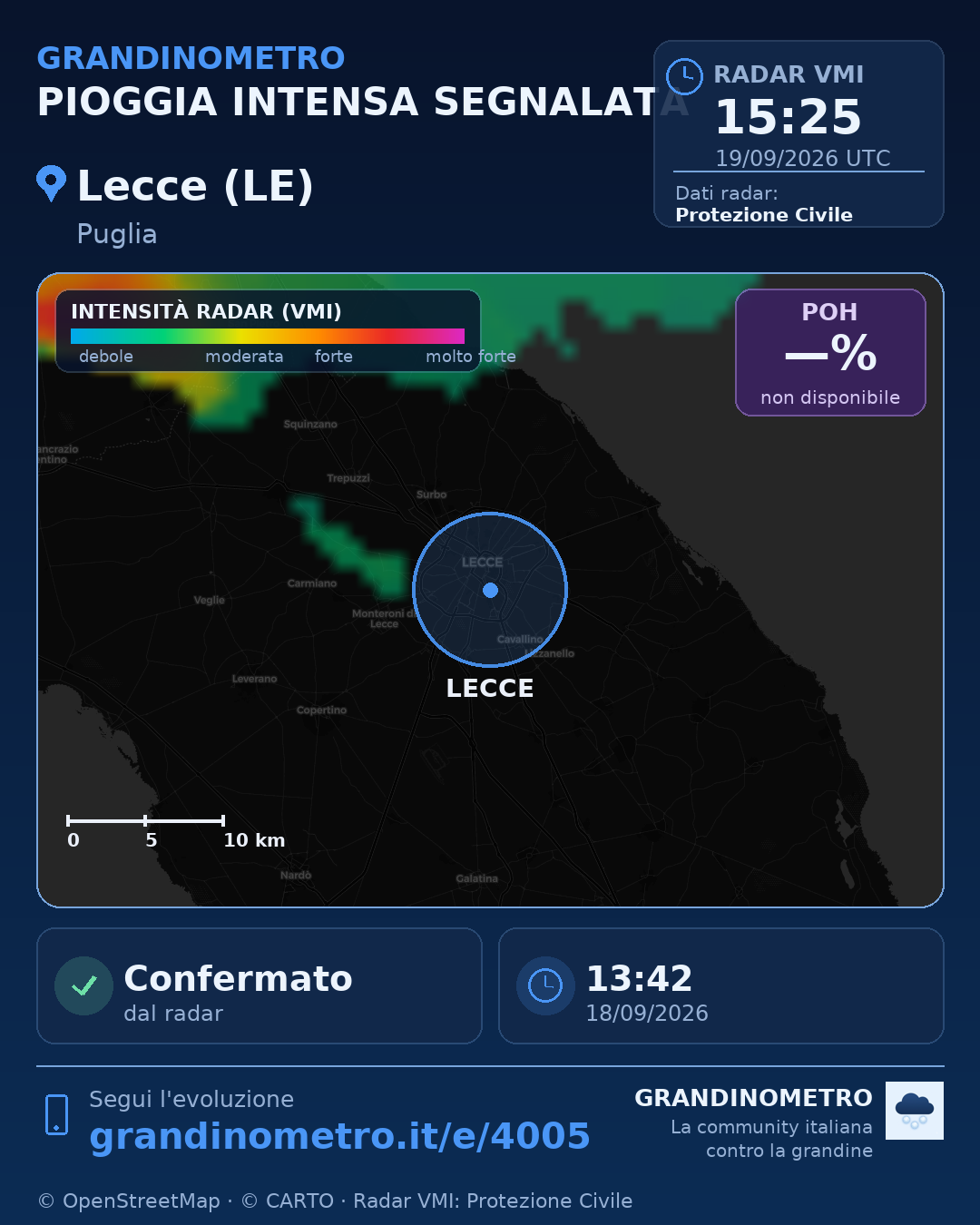 Mappa dell'evento: pioggia intensa a Lecce (LE)