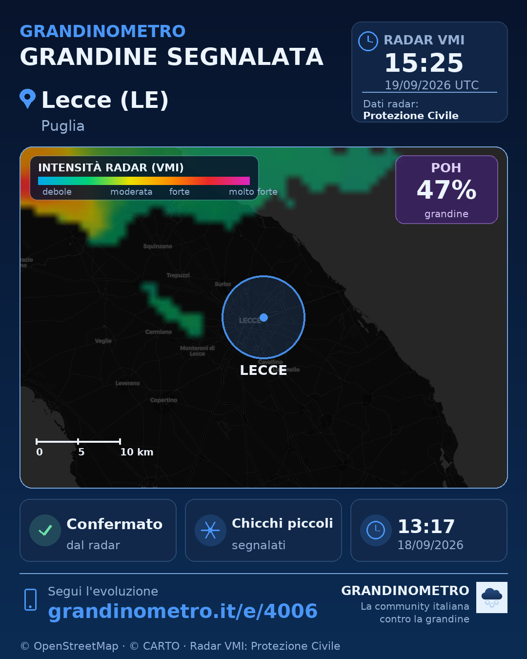 Mappa dell'evento: grandine a Lecce (LE)