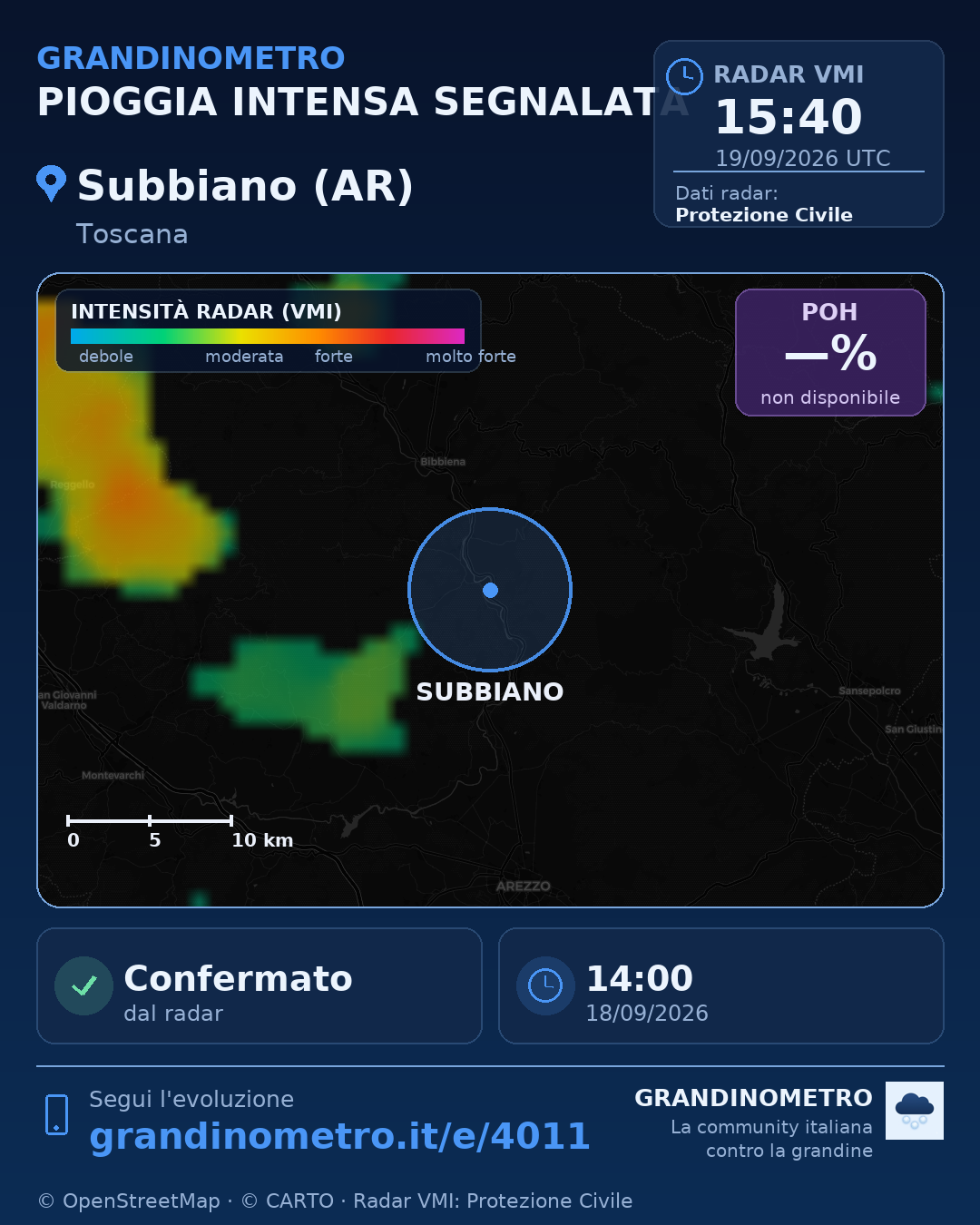 Mappa dell'evento: pioggia intensa a Subbiano (AR)