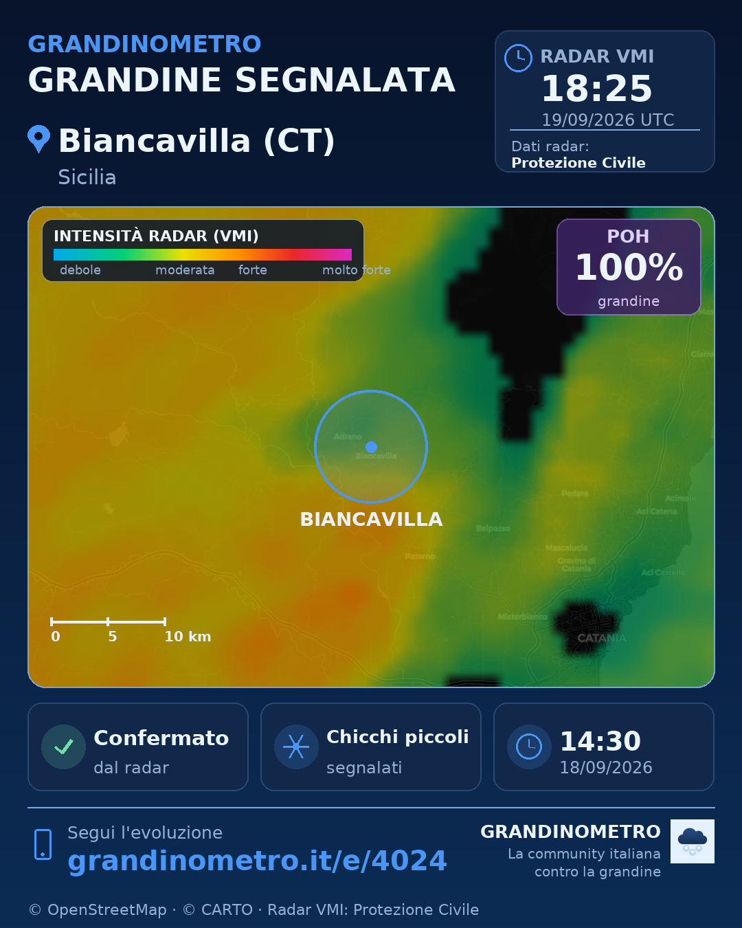 Mappa dell'evento: grandine a Biancavilla (CT)