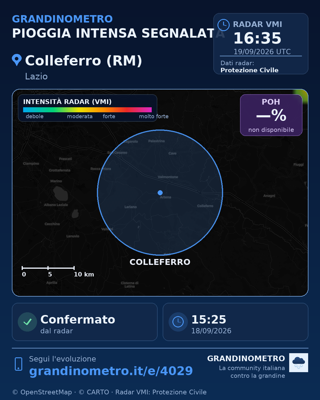 Mappa dell'evento: pioggia intensa a Colleferro (RM)