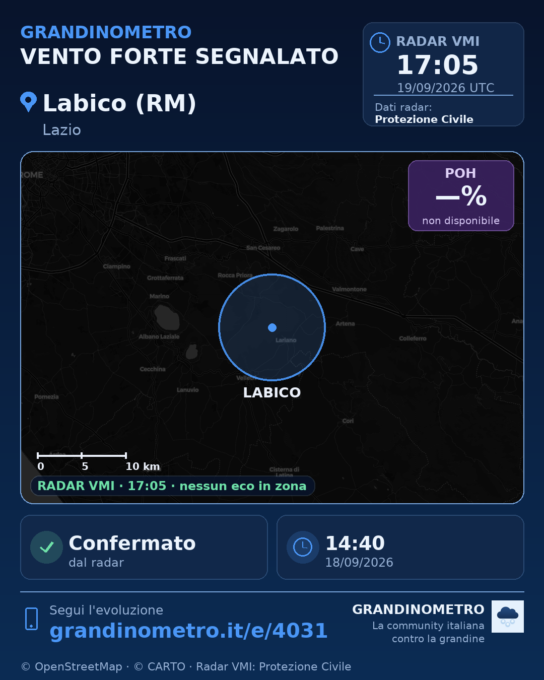 Mappa dell'evento: vento forte a Labico (RM)