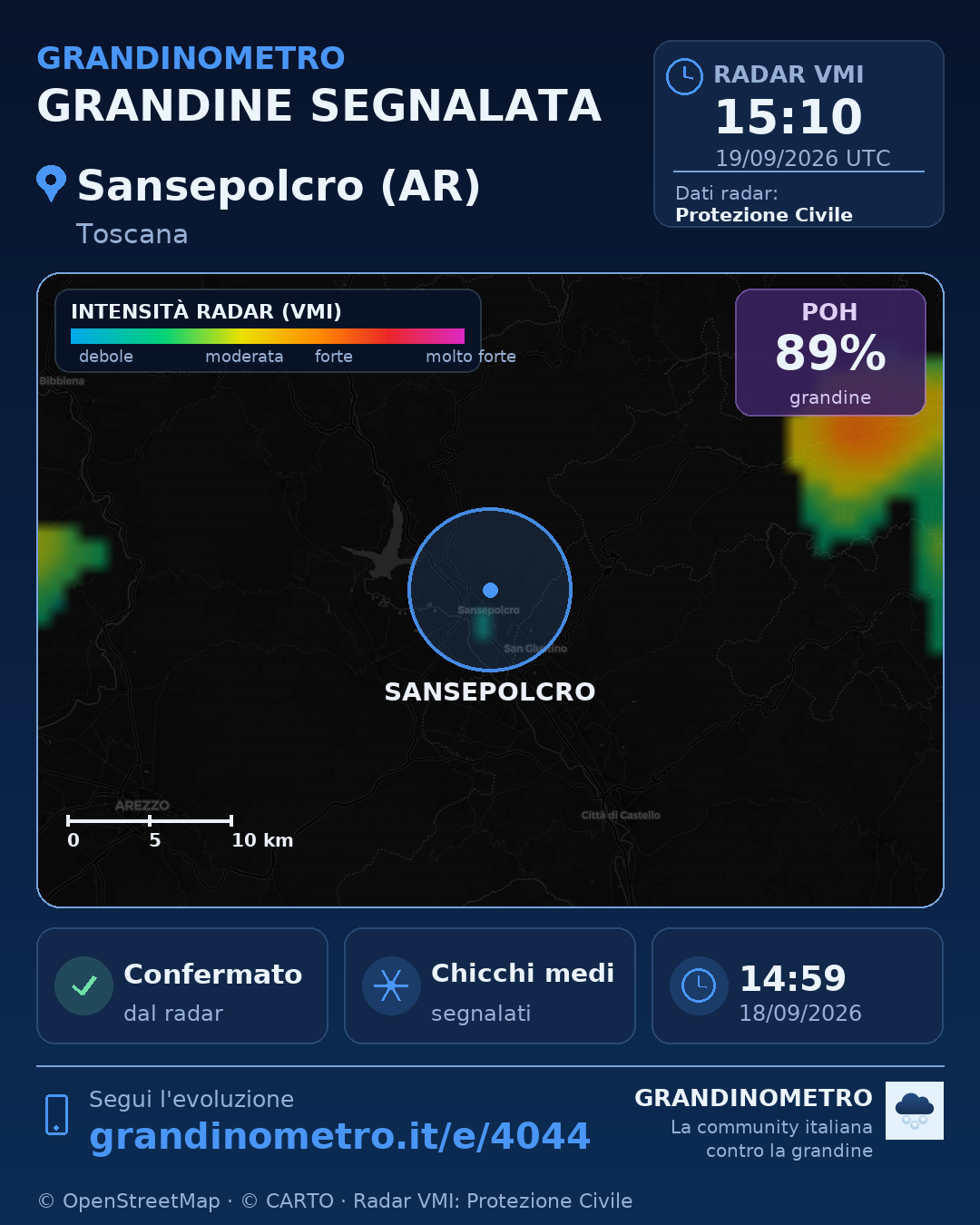 Mappa dell'evento: grandine a Sansepolcro (AR)