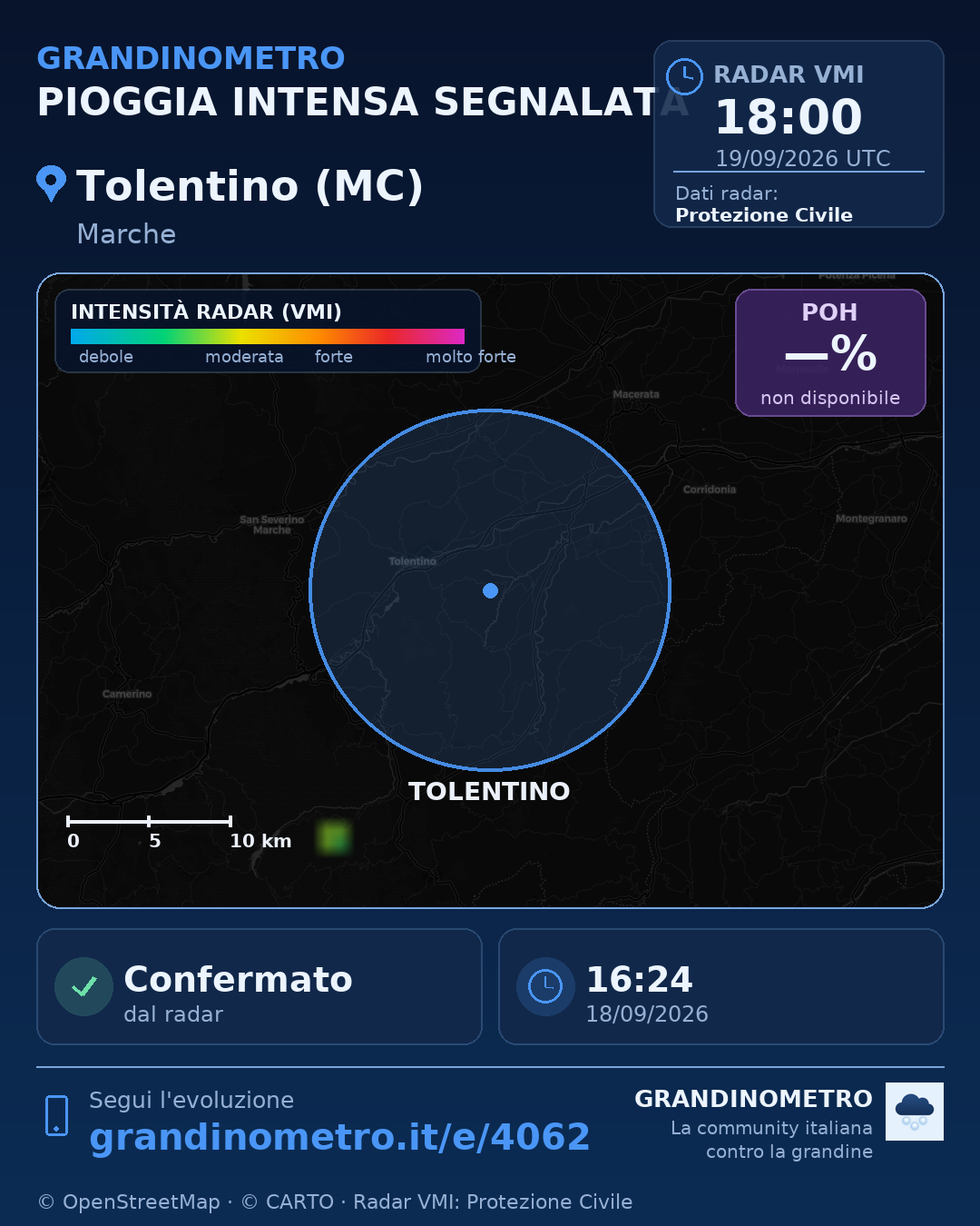 Mappa dell'evento: pioggia intensa a Tolentino (MC)