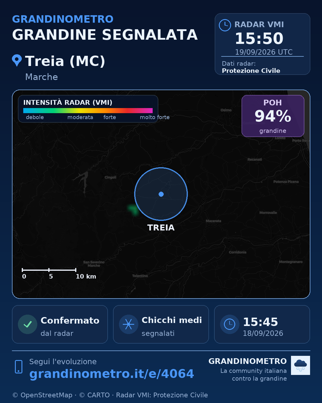 Mappa dell'evento: grandine a Treia (MC)