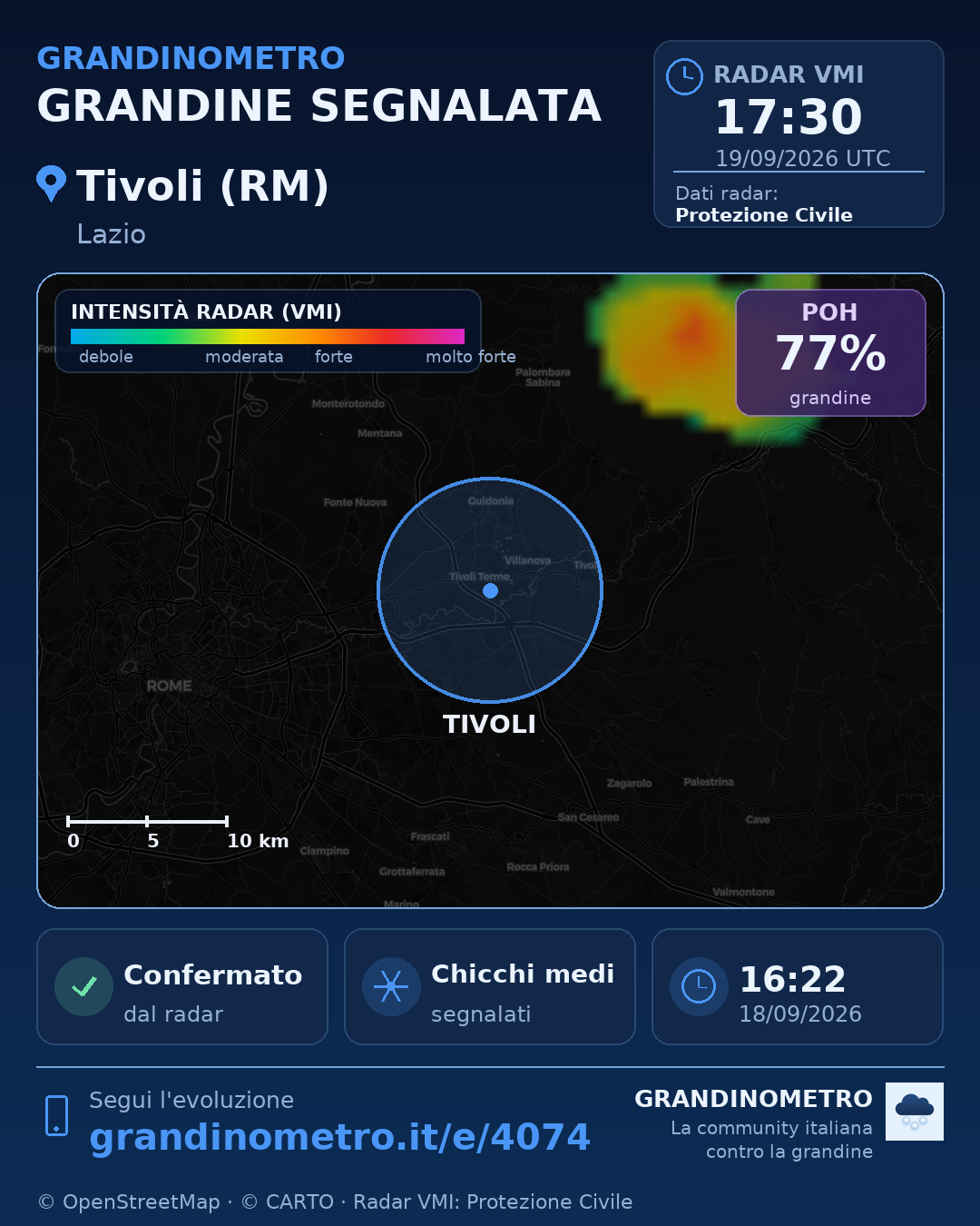 Mappa dell'evento: grandine a Tivoli (RM)