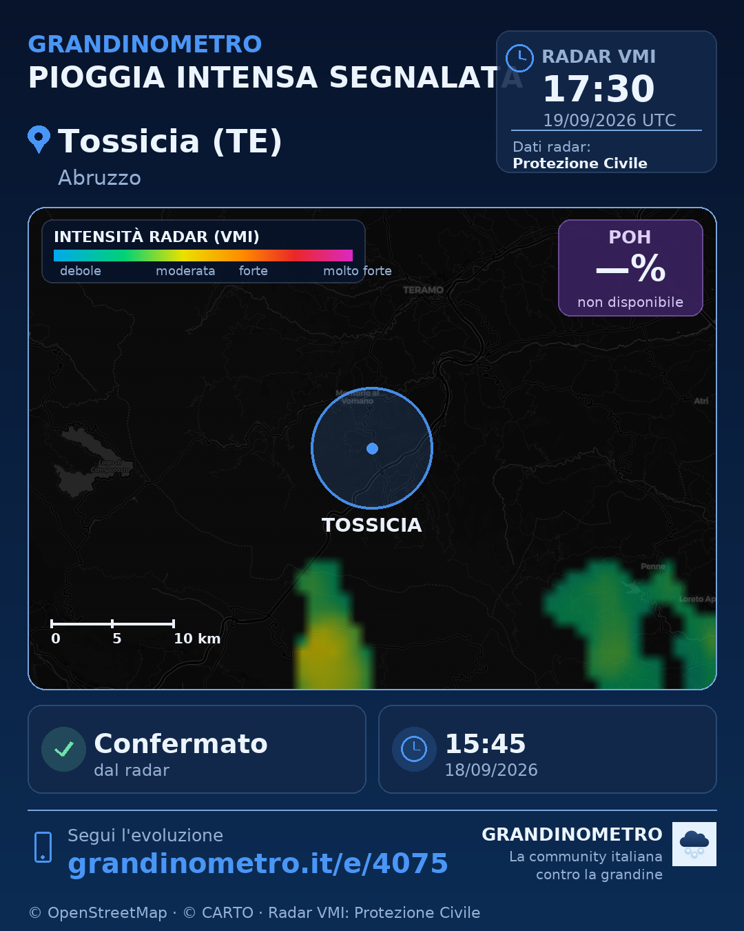Mappa dell'evento: pioggia intensa a Tossicia (TE)