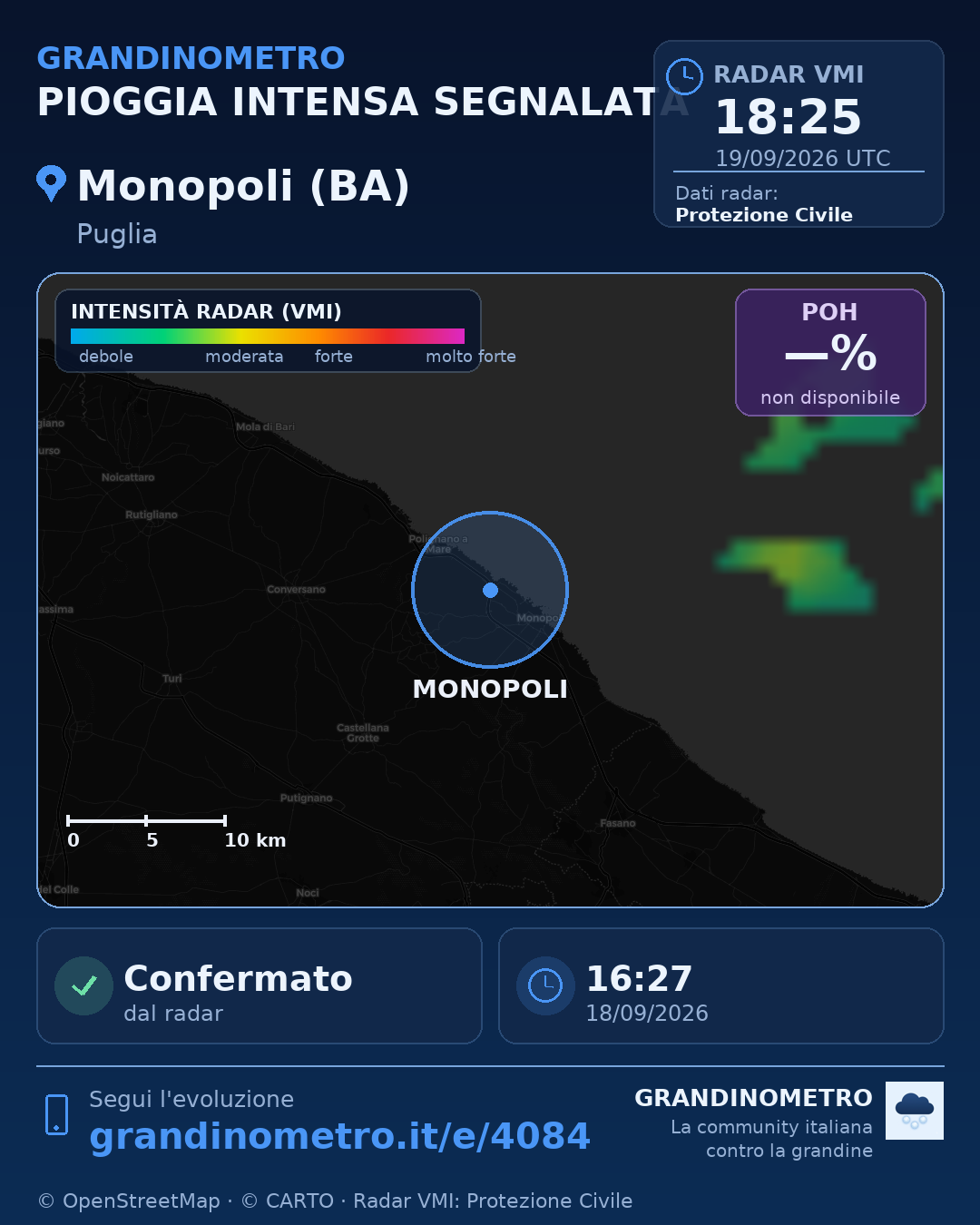Mappa dell'evento: pioggia intensa a Monopoli (BA)
