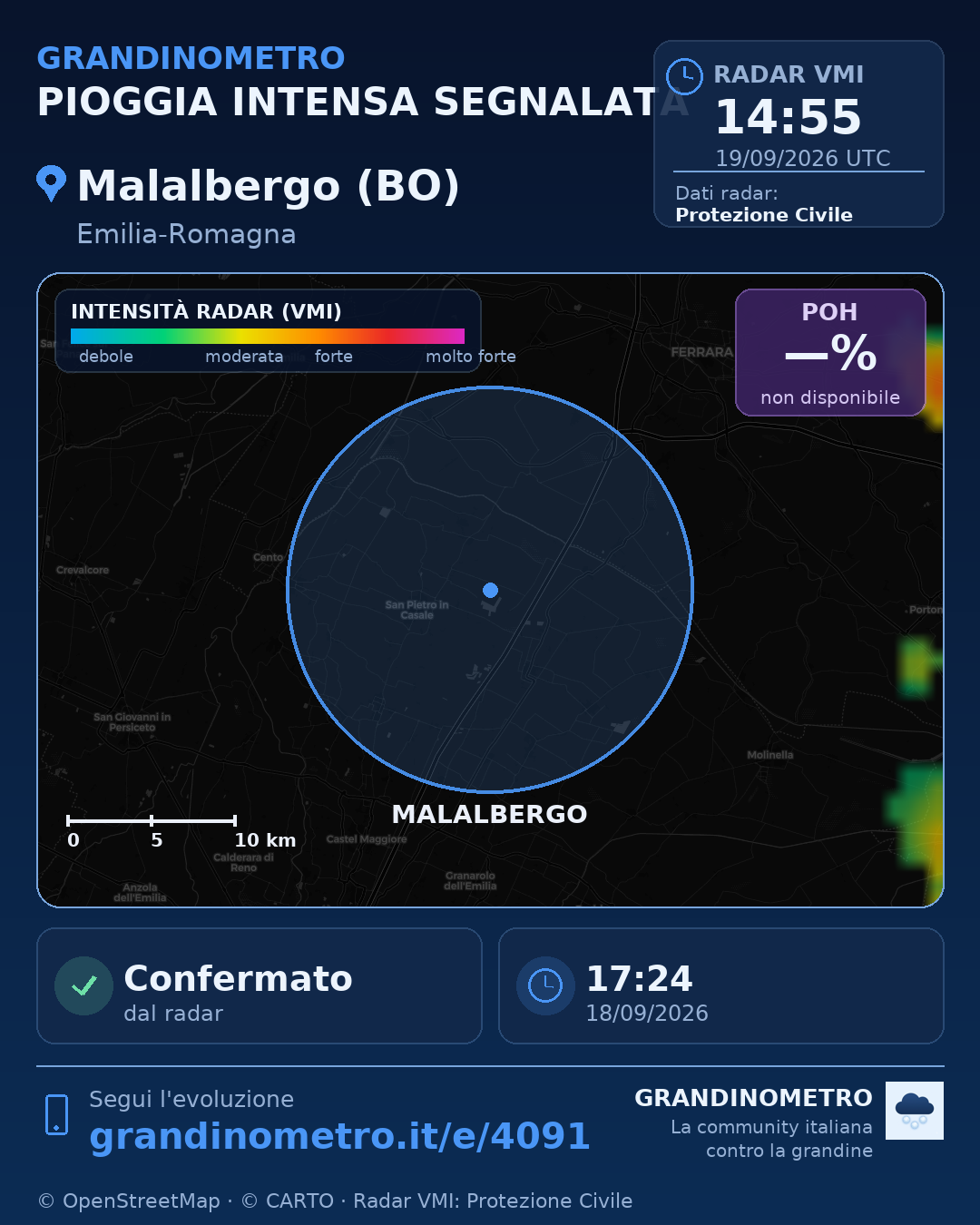 Mappa dell'evento: pioggia intensa a Malalbergo (BO)