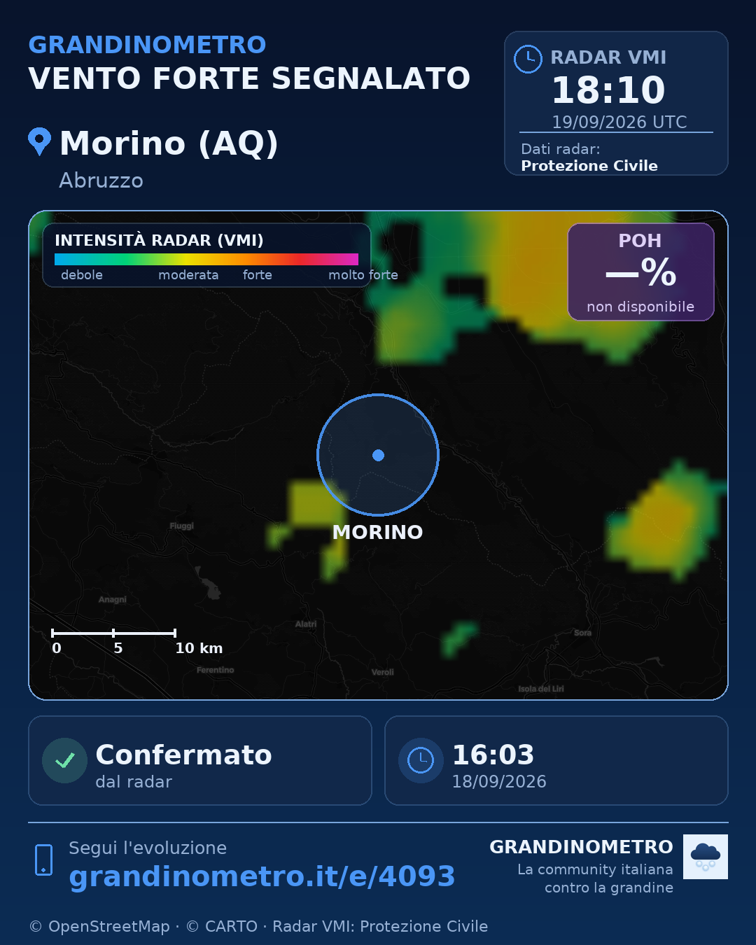 Mappa dell'evento: vento forte a Morino (AQ)
